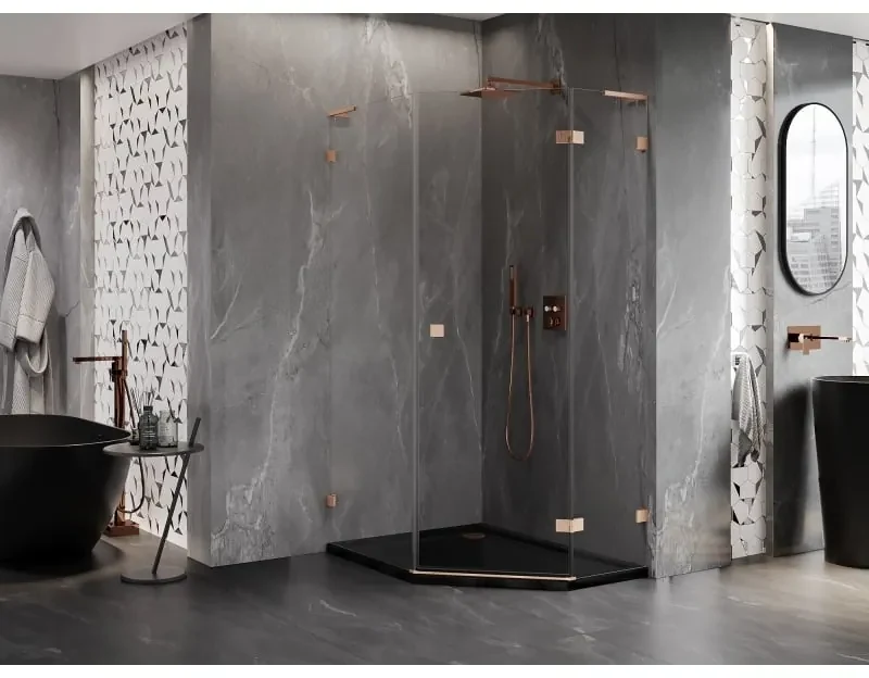 Mexen Lunar, L pravý výklopný päťuholníkový sprchový kút 80 x 100 cm, 8mm číre sklo, profil medená matná, 831L-080P-100L-65-00-P