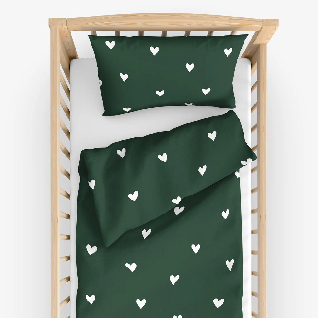 Goldea detské bavlnené obliečky do postieľky - srdiečka na tmavo zelenom 110 x 125 a 35 x 55 cm