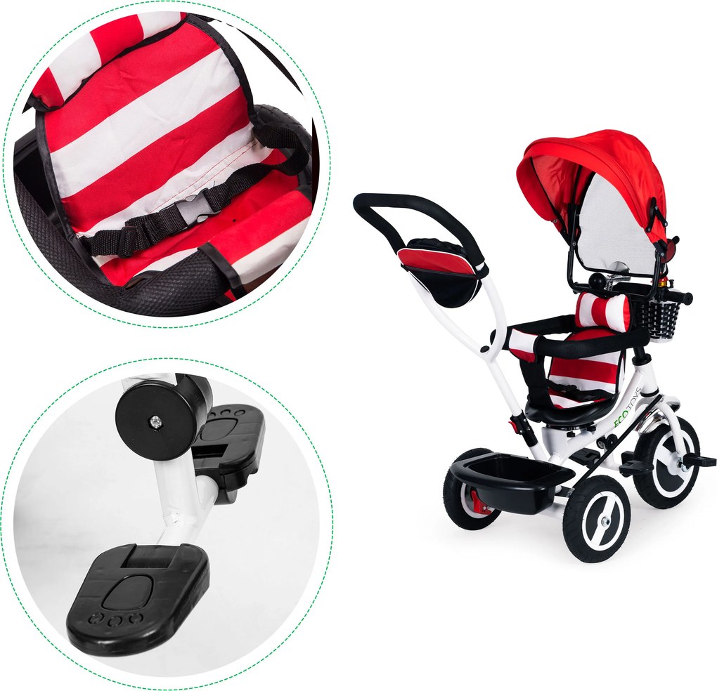 ECOTOYS trojkolka 360° otočné sedadlo, skladacia strieška, bezpečnostné pásy, červená