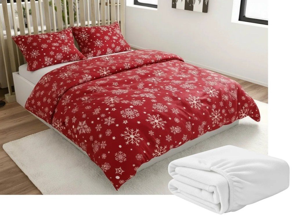 Sada 2ks mikroplyšových obliečok SNOWFALL červené + obliečka mikroplyš SOFT 180x200 cm biele, dvojlôžko