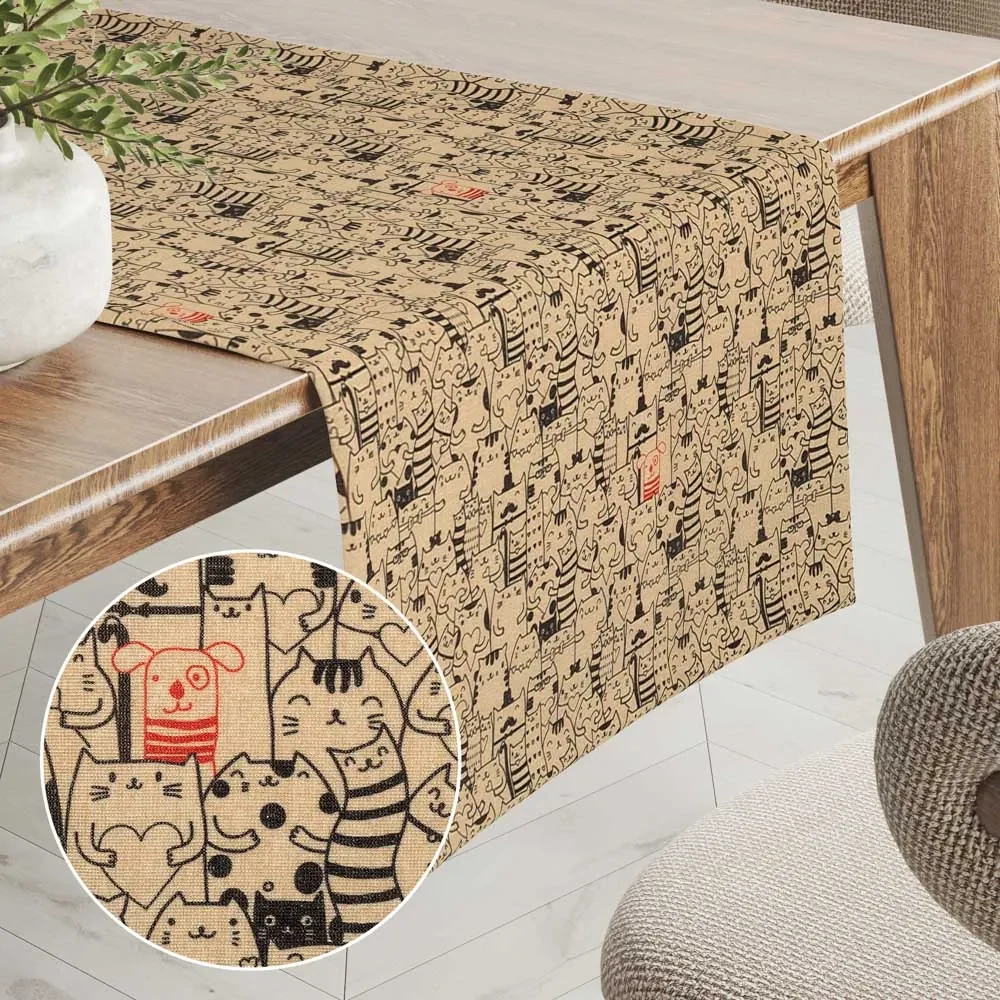 Biante Dekoračný behúň na stôl PML-093 Pes medzi mačkami na hnedobéžovom 20x120 cm