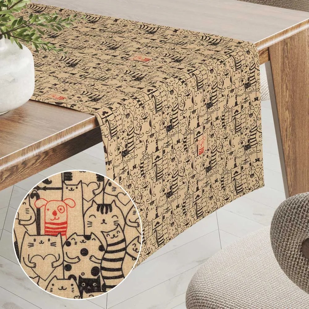 Biante Dekoračný behúň na stôl PML-093 Pes medzi mačkami na hnedobéžovom 45x140 cm