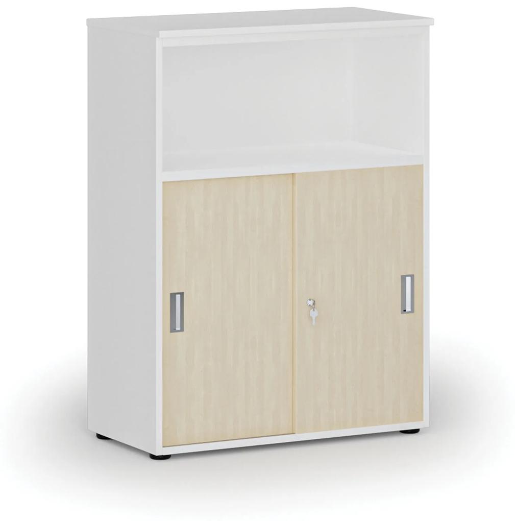 Kombinovaná kancelárska skriňa so zásuvnými dverami PRIMO WHITE, 1087 x 800 x 420 mm, biela/breza
