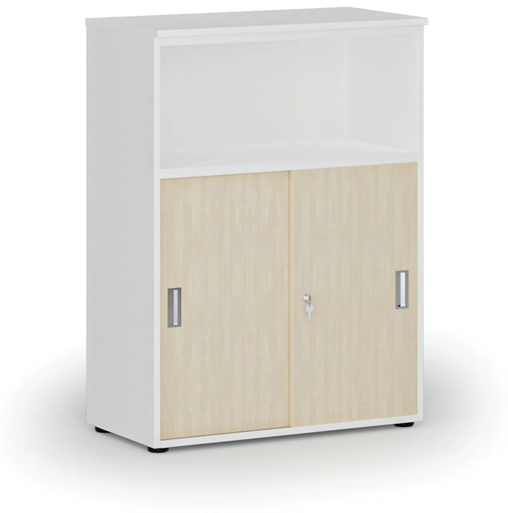 Kombinovaná kancelárska skriňa so zásuvnými dverami PRIMO WHITE, 1087 x 800 x 420 mm, biela/čerešňa