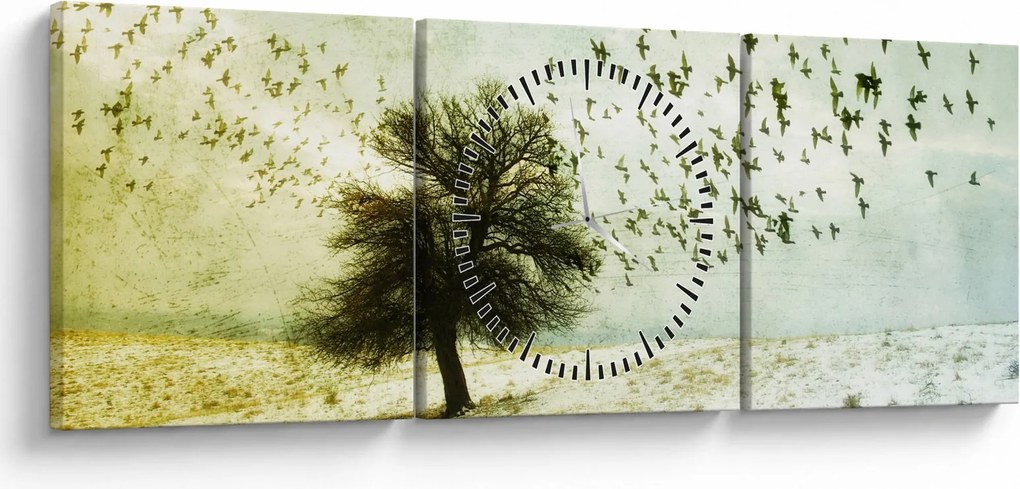Obraz - Maľovaný kŕdeľ vtákov (s hodinami) (90x30 cm)