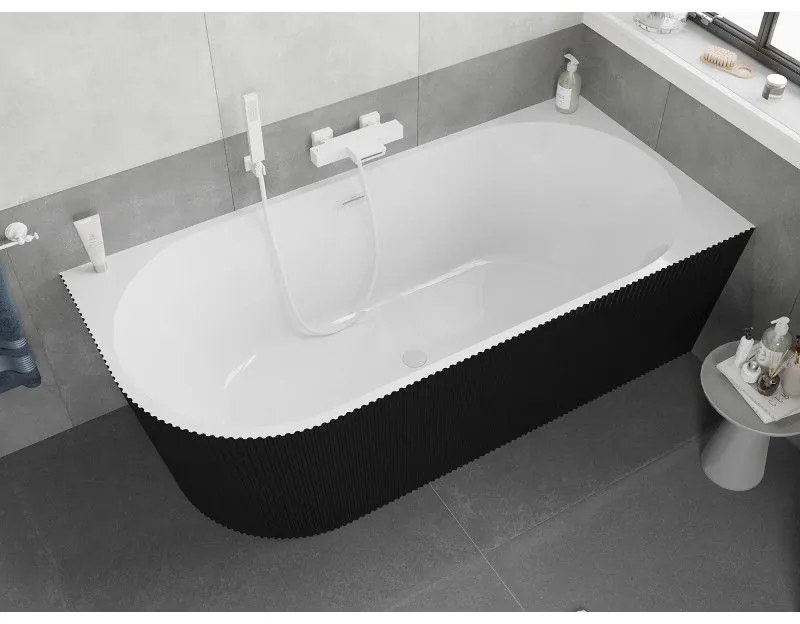 Mexen Silo, rohová voľne stojaca ryhovaná vaňa, pravá, 170 x 80 cm, biela-čierna, biely prepad, 52891708075P-20