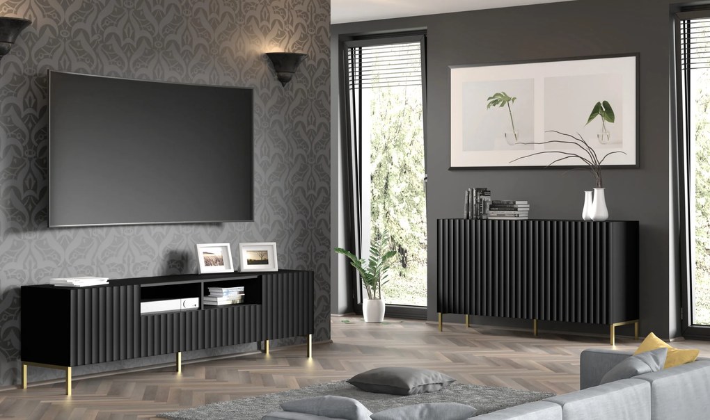 TV stolík/skrinka 150 3D Warsaw (čierna + zlatá). Akcia -20%. Vlastná spoľahlivá doprava až k Vám domov. 1125150