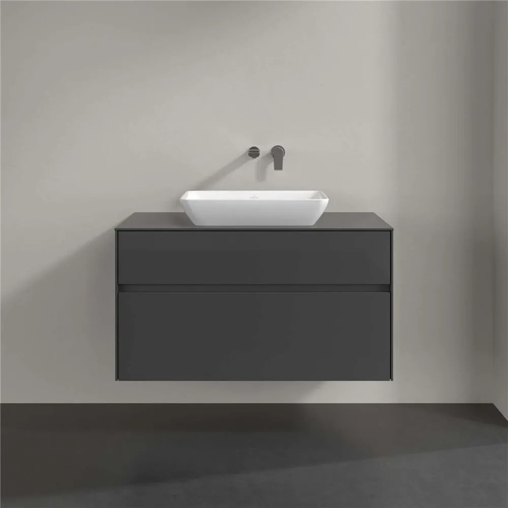 VILLEROY &amp; BOCH Collaro závesná skrinka pod umývadlo na dosku (umývadlo v strede), 2 zásuvky, s LED osvetlením, 1000 x 500 x 548 mm, Glossy Grey, C109B0FP