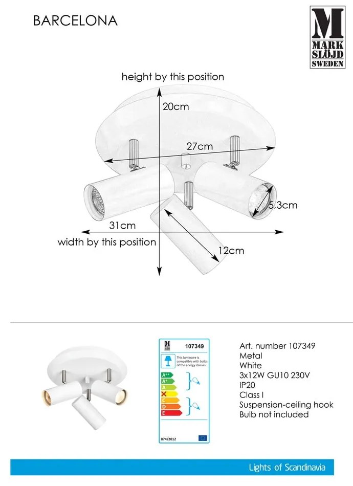 Biele nástenné svietidlo Markslöjd Barcelona Tres
