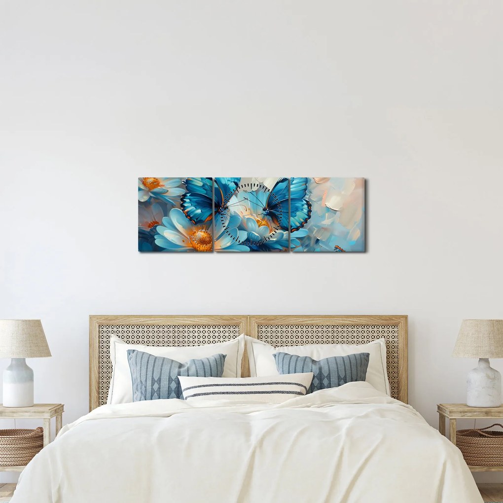Obraz - Modrí motýle (s hodinami) (90x30 cm)