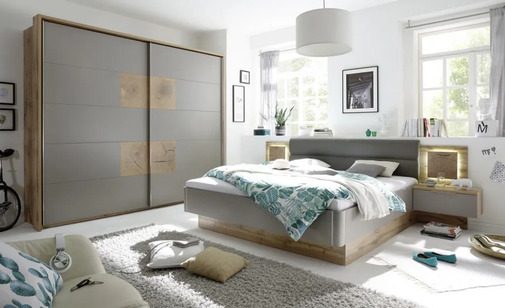 Posteľ s nočnými stolíkmi Capri 180x200 cm, dub wotan/šedá