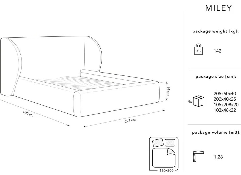 Svetlosivá čalúnená dvojlôžková posteľ s úložným priestorom s roštom 180x200 cm Miley – Micadoni Home