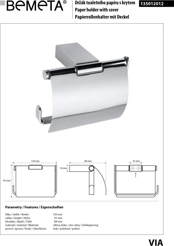 Bemeta Design VIA: Držiak toaletného papiera, s krytom - 135012012