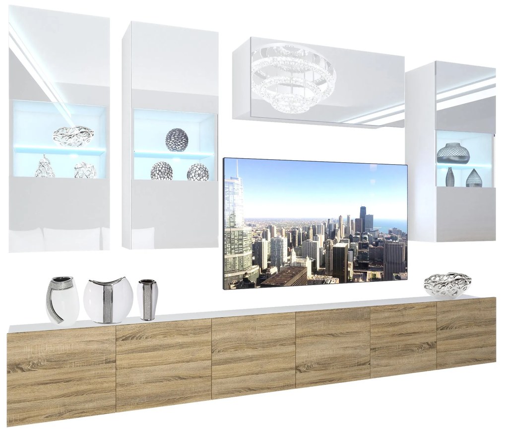 Obývacia stena Belini Premium Full Version biely lesk / dub sonoma + LED osvetlenie Nexum 77