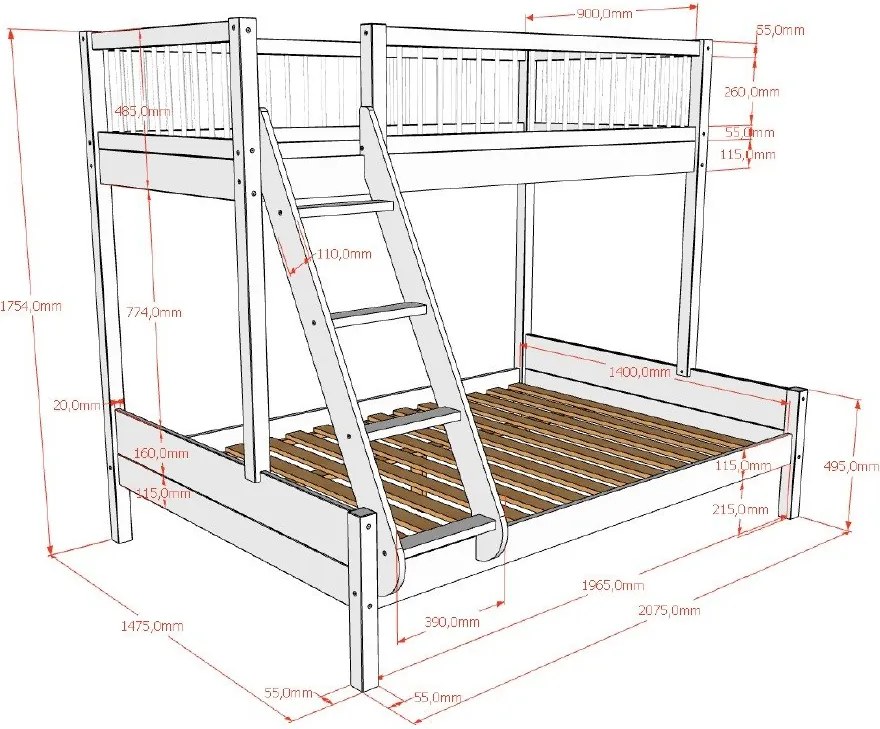 Biela poschodová detská posteľ z bukového dreva s roštom 140x200/90x200 cm Forrest – Vipack