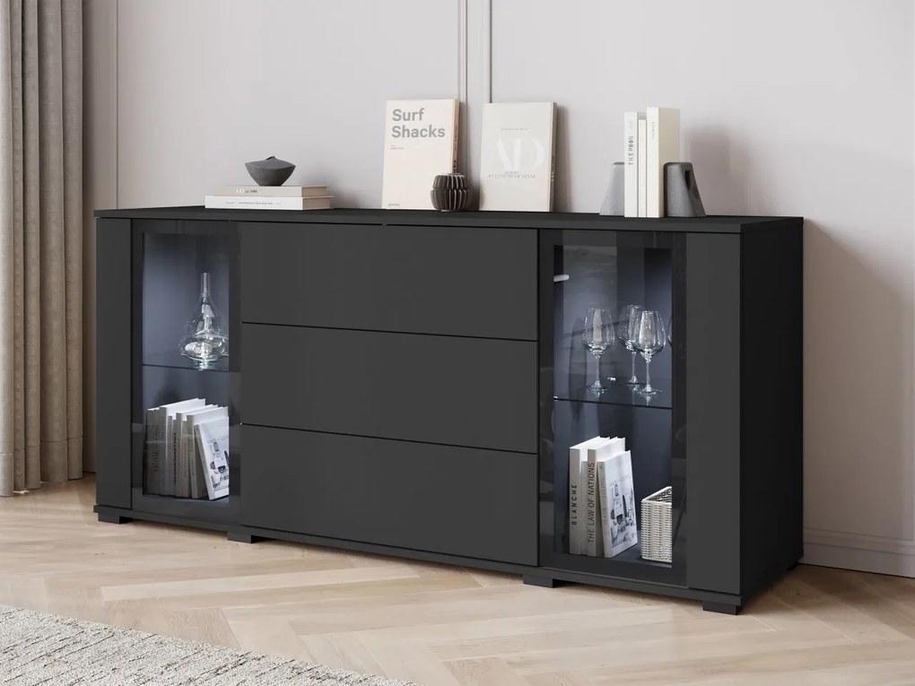 Široká komoda Hedvis SB 150 2D3S, Farby: wotan / biely lesk, Osvetlenie: osvetlenie LED biele