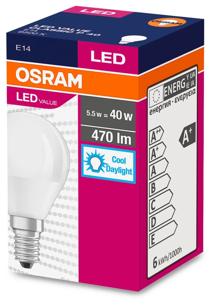 OSRAM LED žiarovka VALUE, E14, P40, 5,5W, 470lm, 6500K, studená biela