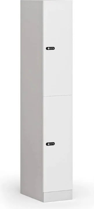 Šatníková skrinka S1 s úložnými boxmi, 2 boxy, 1850 x 300 x 500 mm, mechanický kódový zámok, laminované dvere, biela