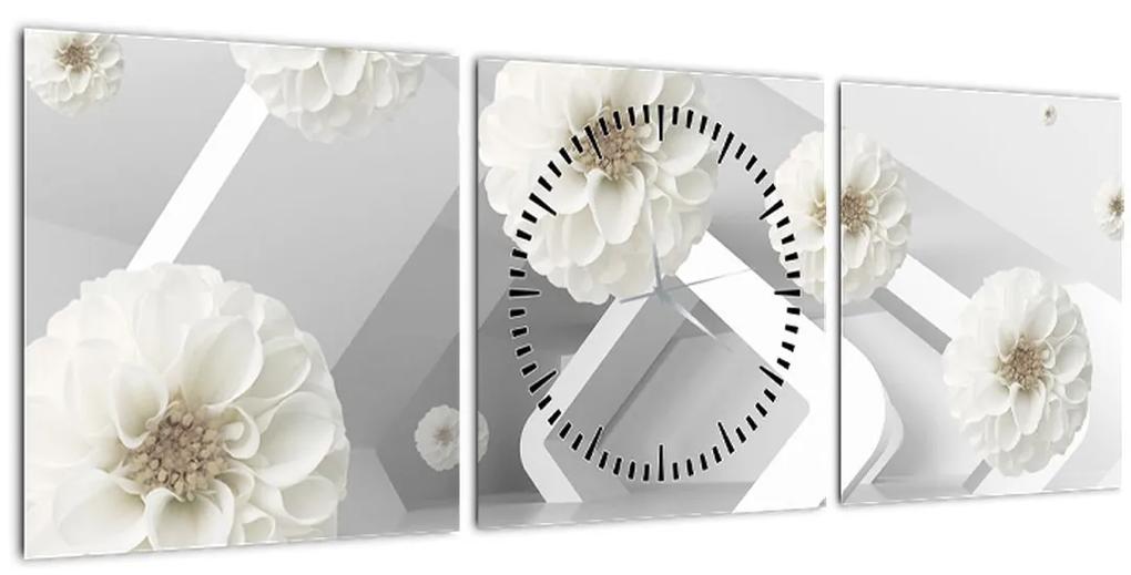 Abstraktný obraz s belostnými kvetmi (s hodinami) (90x30 cm)