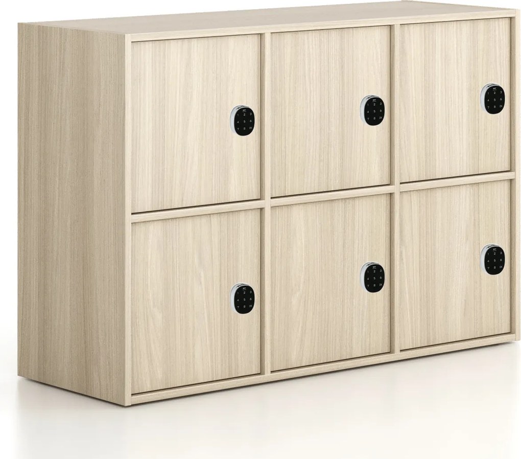Kancelárska skriňa FRAME, nízka, 6x dvere, 1299 x 450 x 881 mm, kódový zámok, dub prírodný