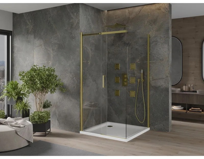 Mexen Omega, sprchovací kút s posuvnými dverami 100 (dvere) x 100 (stena) cm, 8mm číre sklo, zlatý profil + slim sprchová vanička 5cm, 825-100-100-50-00-4010