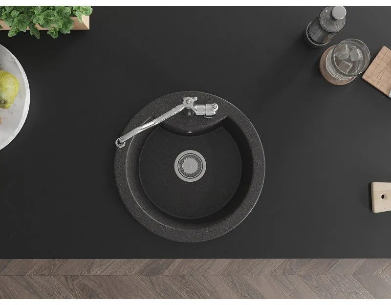 Mexen Diego, granitový drez 488x488x167 mm, 1-komorový a drezová batéria Carla, čierna škvrnitá, 6512-76-670700-00