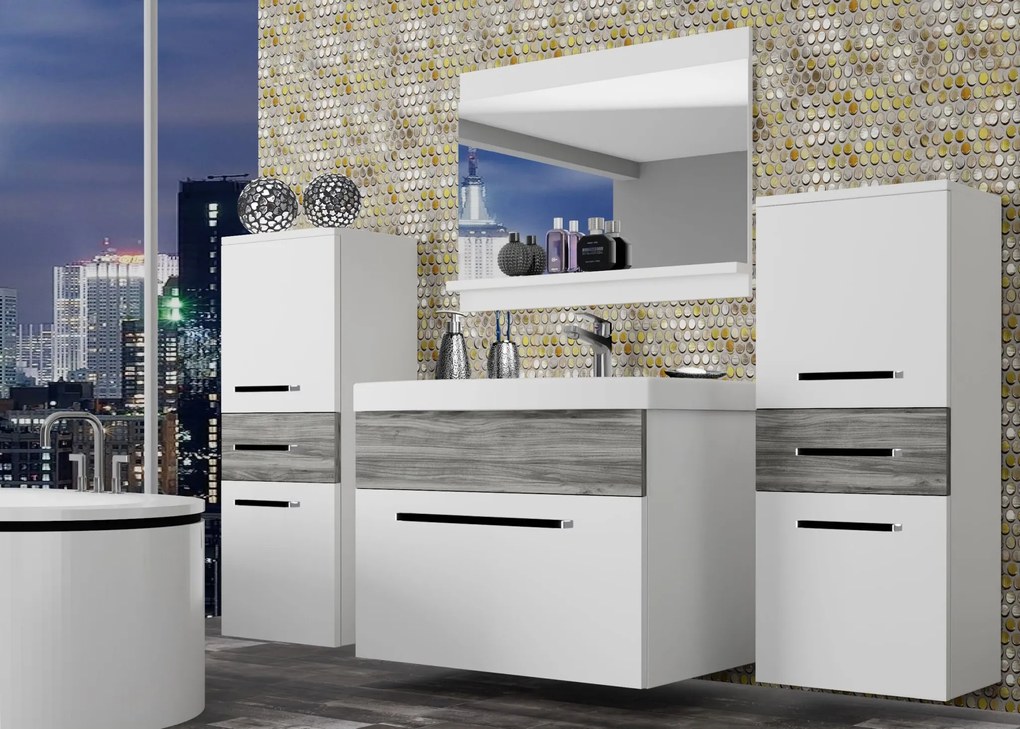 Kúpeľňový nábytok Belini biely mat / šedý antracit Glamour Wood + umývadlo + zrkadlo  ROD M 4/0/W/WGW/0/ZW