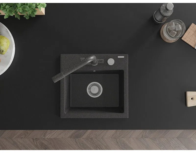 Mexen Milo, granitový drez 435x410x171 mm, 1-komorový a čierna batéria Duero, čierna škvrnitá, 6505-76-671600-76