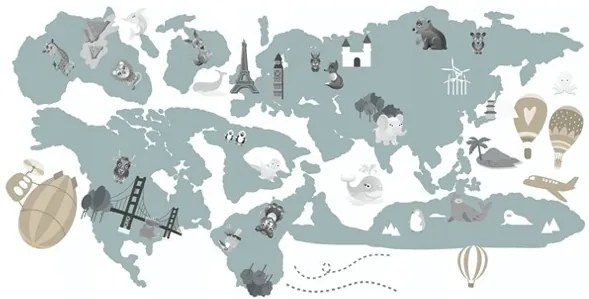 Moderná detská nálepka na stenu v jemnej pastelovej farbe mapa sveta 80 x 160 cm