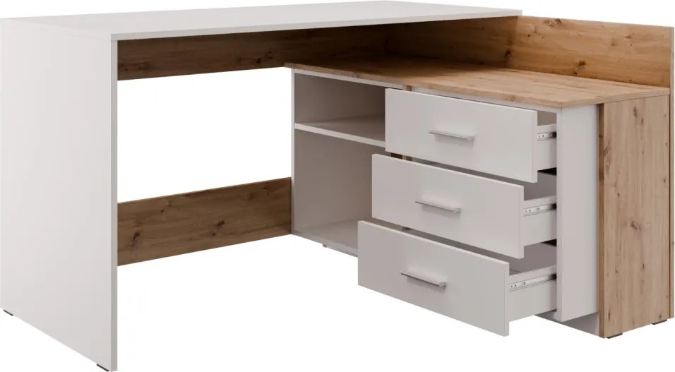 Rohový písací stôl Alex, dub artisan/biely