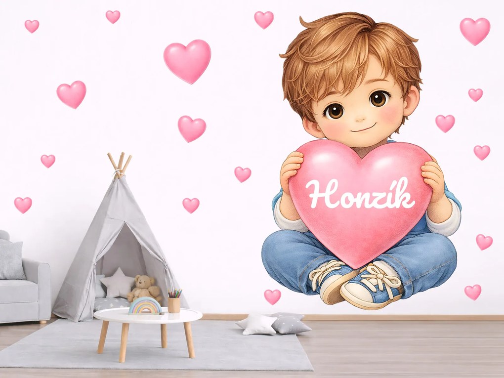 Chlapec so srdiečkom a menom textilní prelepiteľná nálepka na stenu hárok 31 x 46 cm