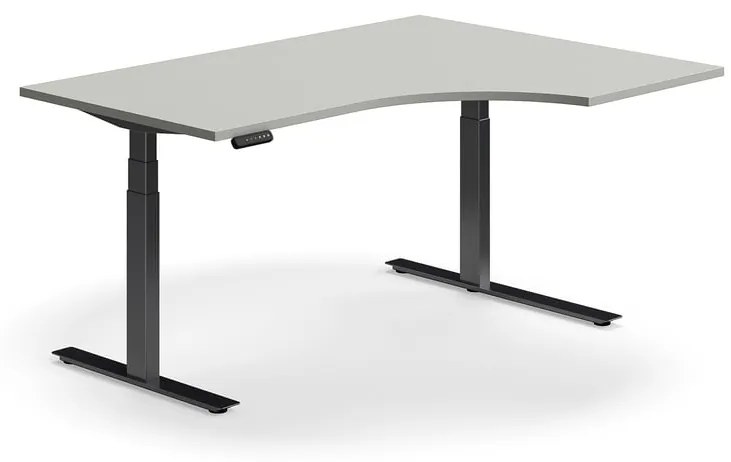 Výškovo nastaviteľný stôl QBUS, rohový, 1600x1200 mm, čierny rám, svetlošedá