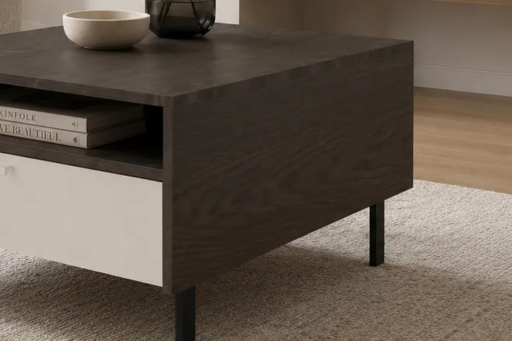 Kávový stolík Sumira 90 cm so zásuvkami - kasmír / baltický dub storm / drevený podstavec