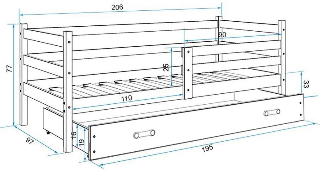 Detská posteľ ERYK 200x90 cm Sivá Sivá