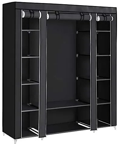 Veľká látková skriňa, 1 závesná tyč, 12 políc, 175x150x45cm, čierna