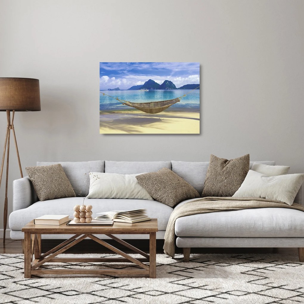 Sklenený obraz - Sklenený obraz hojdacej siete na pláži 2 (70x50 cm)