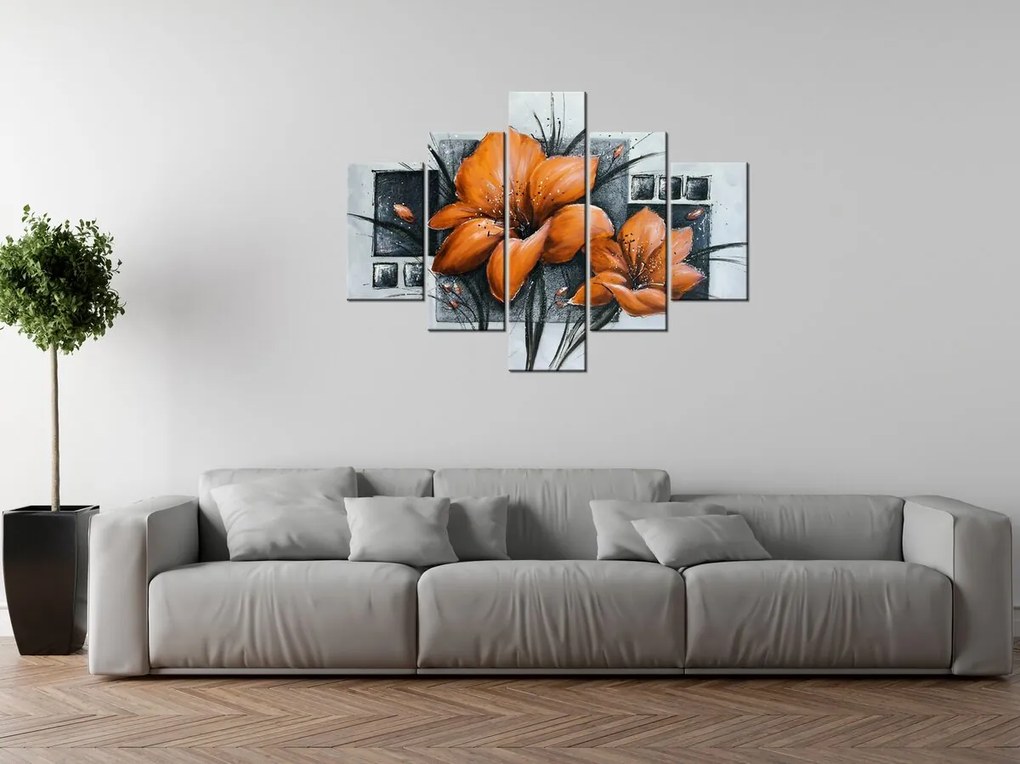 Gario Ručne maľovaný obraz Nádherné oranžové Vlčie maky - 5 dielny Rozmery: 150 x 105 cm