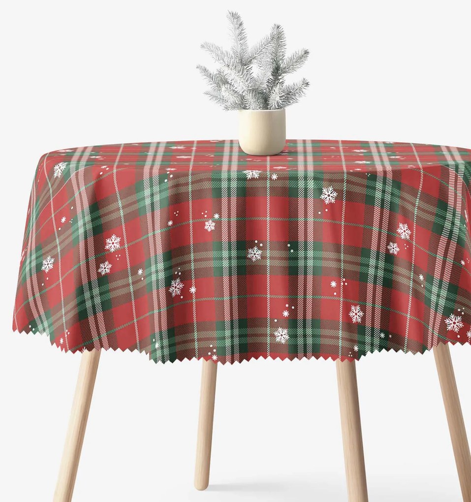 Goldea vianočný okrúhly teflónový obrus - červené káro s vločkami Ø 130 cm