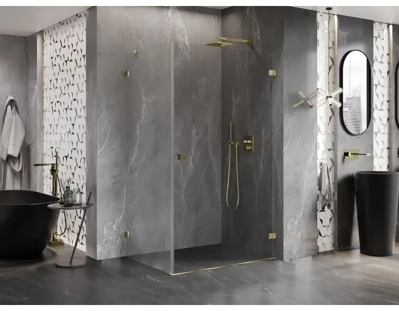 Mexen Lunar-B, pravostranný výklopný sprchový kút 100 x 90 cm, 8mm číre sklo, zlatý profil, 832-100-090-50-00-P