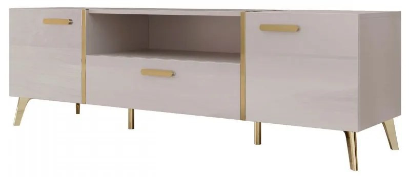 Moderná TV skrinka Rostiw 150 2D1SZ, Farby: biela / biely lesk + zlatá