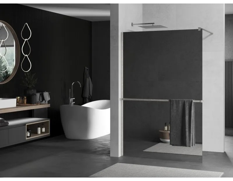 Mexen Kioto+, sprchová zástena Walk-In s poličkou a vešiakom 90 x 200 cm, 8mm sklo vzor zrkadlo, brúsená oceľ profil, 800-090-121-97-50
