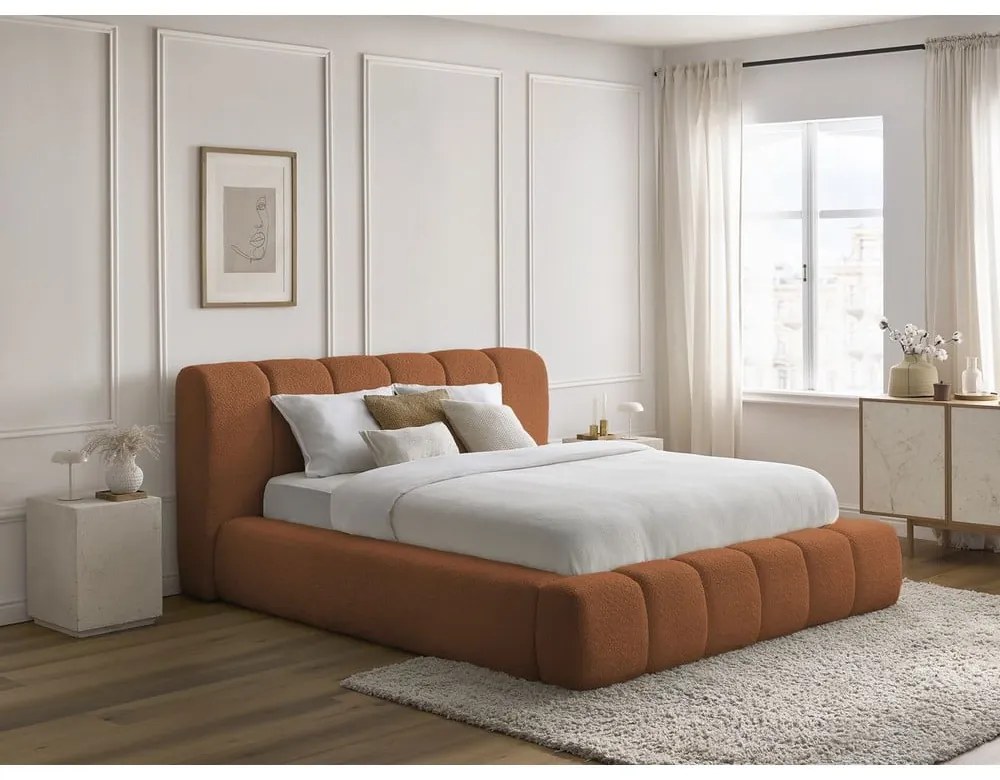 Oranžová čalúnená dvojlôžková posteľ s úložným priestorom s roštom 180x200 cm Denali – Bobochic Paris