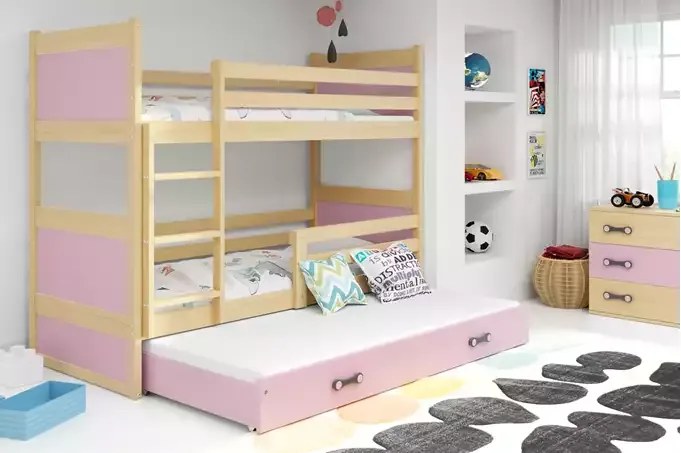 3-lôžková poschodová posteľ RICO so zásuvkou, prírodná/ružová