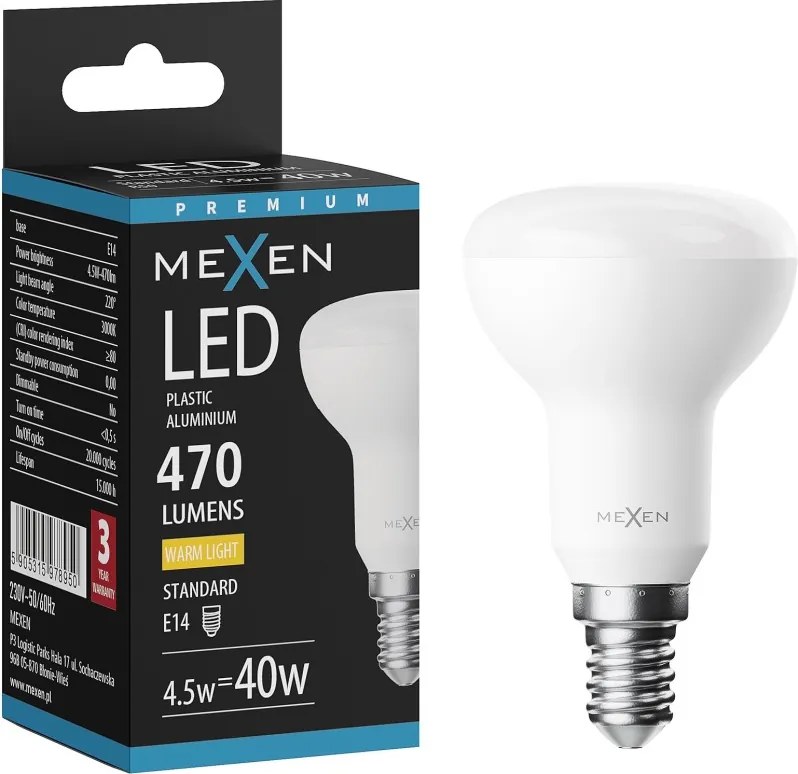 Mexen Nova, LED žiarovka E14, R50, 4,5W, Teplá - 3000K, 470 lm - L103-E14-0530-01