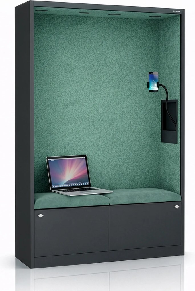 Kancelárska akustická kabína so sedadlom a portom USB-C, telo v antracitovej farbe / sedadlo v zelenej farbe, 1150 mm: SALLY MentalBox
