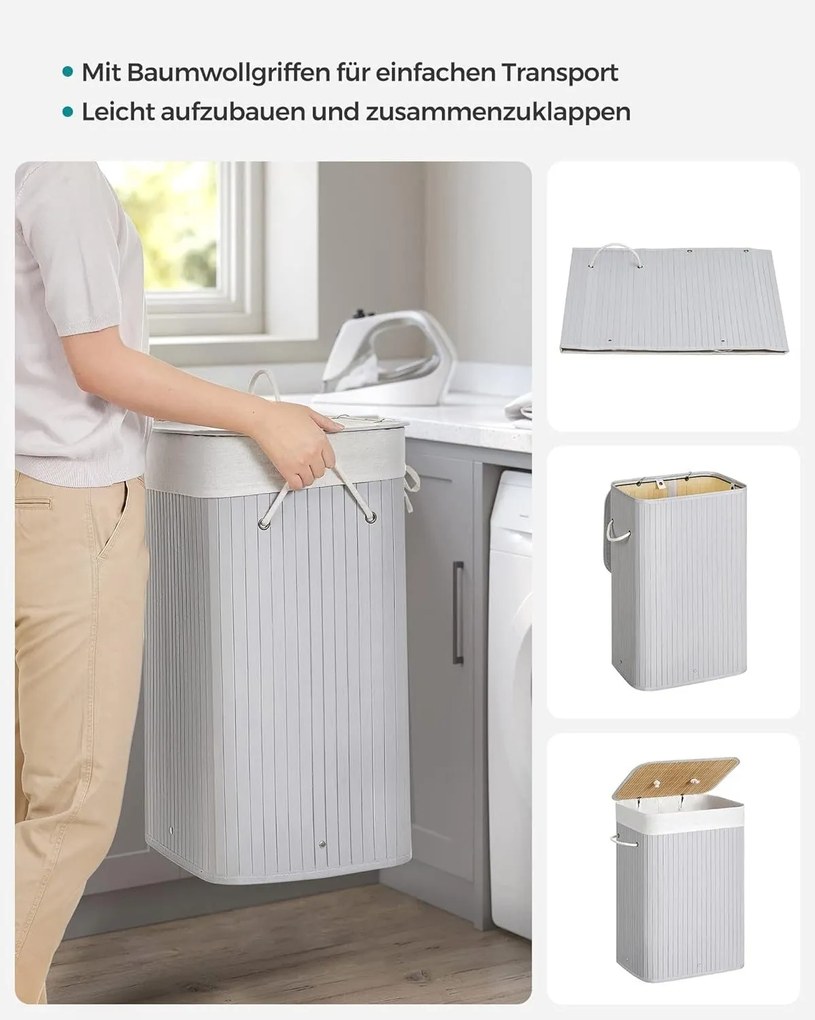 Kôš na bielizeň s vekom 72L Bambusový skladací kôš na prádlo, sivý