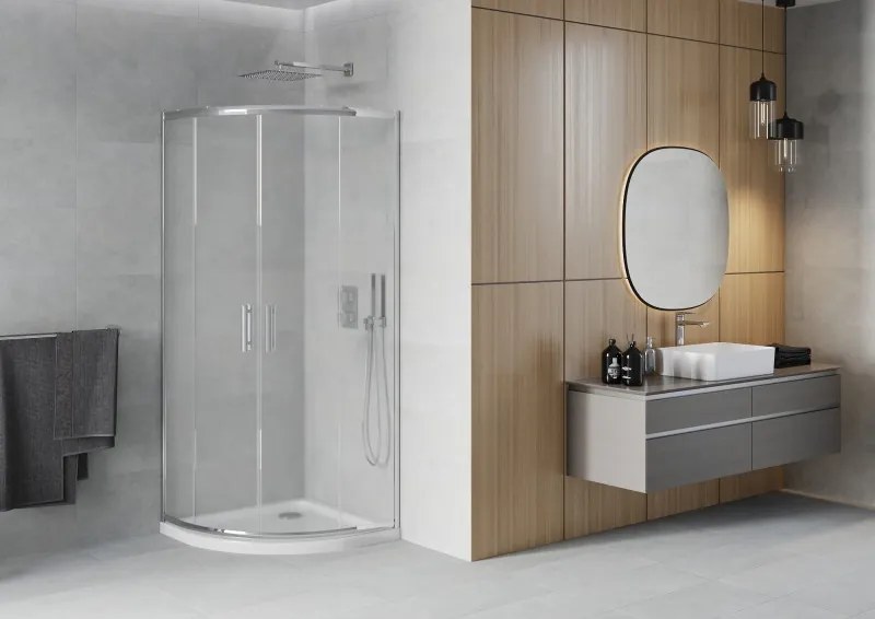 Mexen Rio, štvrťkruhový sprchovací kút s posuvnými dverami 90 x 90 cm, 6mm sklo námraza, chrómový profil + biela sprchová vanička, 863-090-090-01-30-4110
