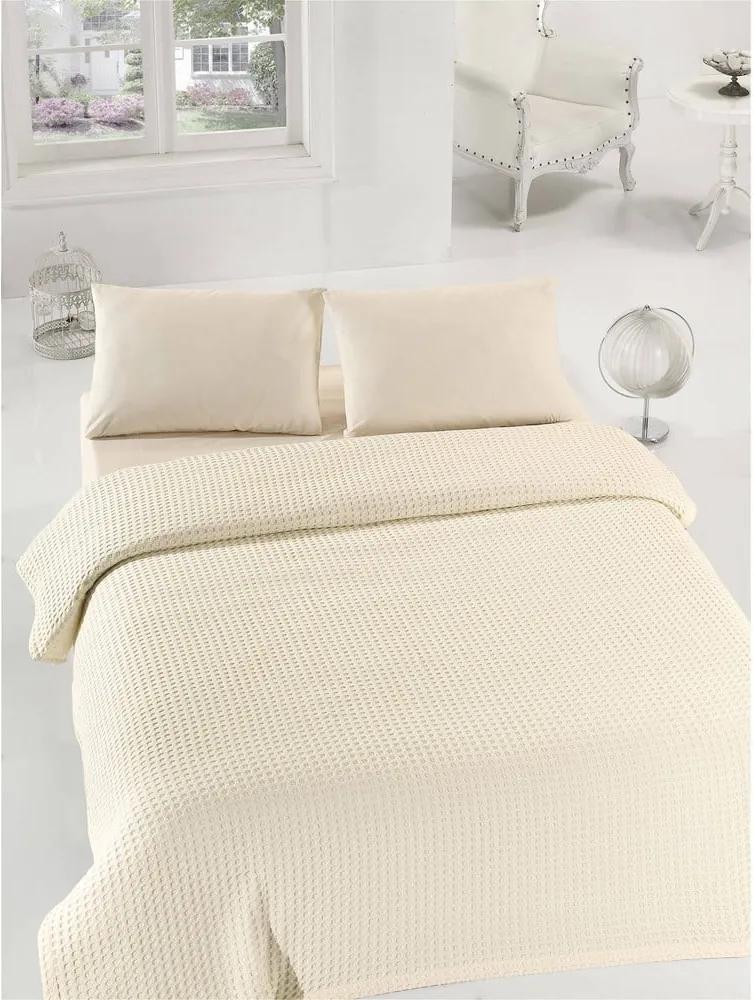 Krémový ľahký bavlnený pléd cez posteľ na jednolôžko Caleidoscope, 160 ×  235 cm | BIANO