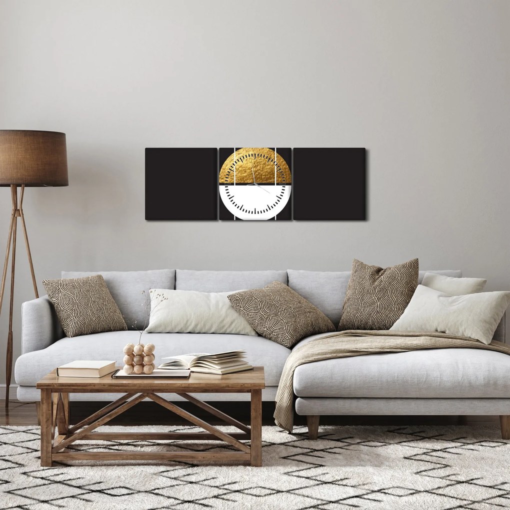 Obraz - Abstrakcia zlatá a čierna N⁰1 (s hodinami) (90x30 cm)