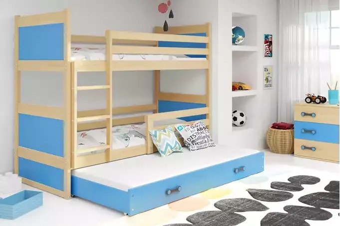 3-lôžková poschodová posteľ RICO so zásuvkou, prírodná/modrá